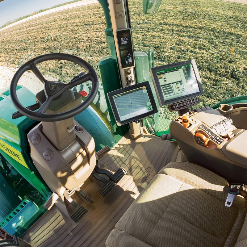 The interior of a John Deere tractor