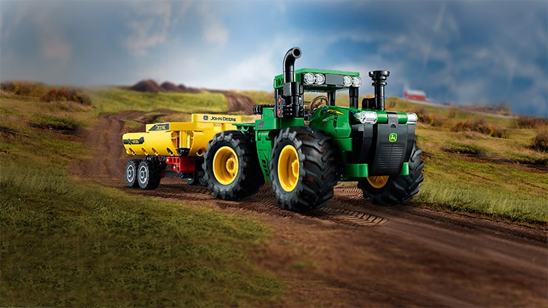 Closeup of the new LEGO John Deere 9R tractor model toy.