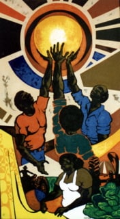 A painting of black farmers reaching up and touching the sun