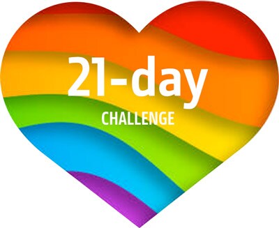 A rainbow heart with text overlay: '21 Day Challenge'
