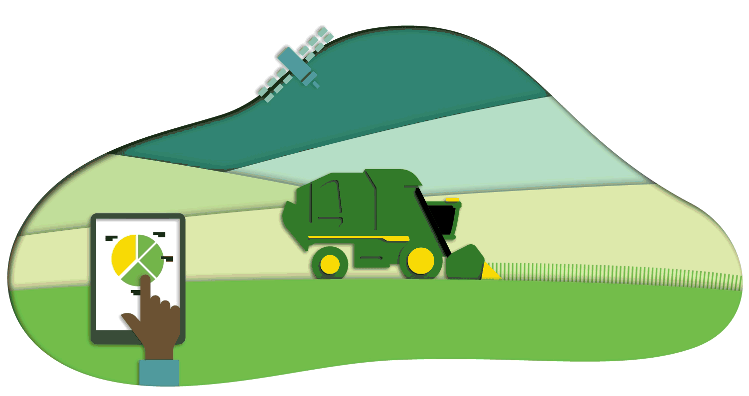 animation of a combine harvesting plants while a satellite hovers over it