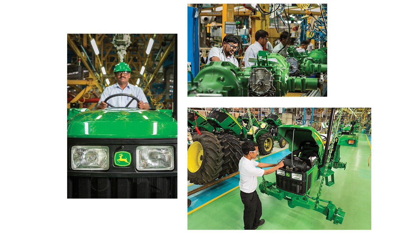 collage of three images that display workers assembling tractors at various stages