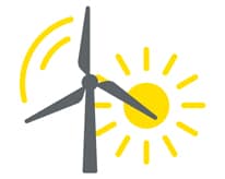 Icône d'une éolienne avec des icônes jaunes de vent et de soleil