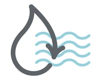 Icône grise de gouttelette d’eau avec une flèche indiquant la durabilité de la réutilisation dans une icône plus grande de vagues de source d’eau