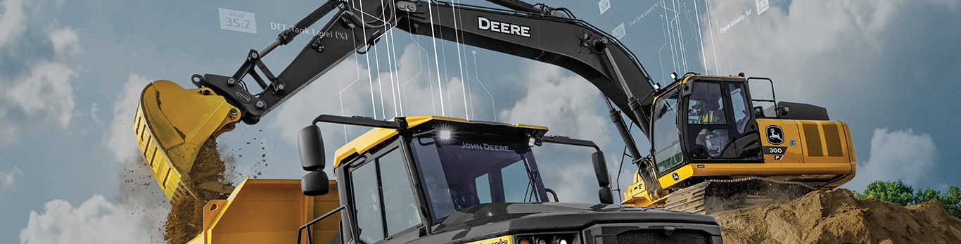 John Deere excavator dumping dirt into a John Deere Construction Articulated Dump Truck