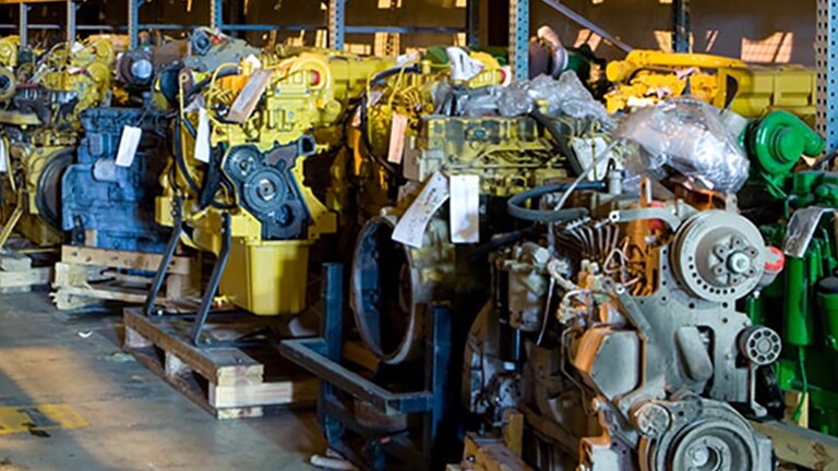 large engine parts on pallets in a warehouse