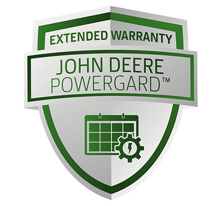 Shield-shaped John&nbsp;Deere PowerGard extended warranty logo with green border, featuring the text "Extended Warranty" and "John Deere PowerGard," and an icon of a calendar and gear at the bottom.