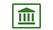 Green icon of the front of a building with pillars.