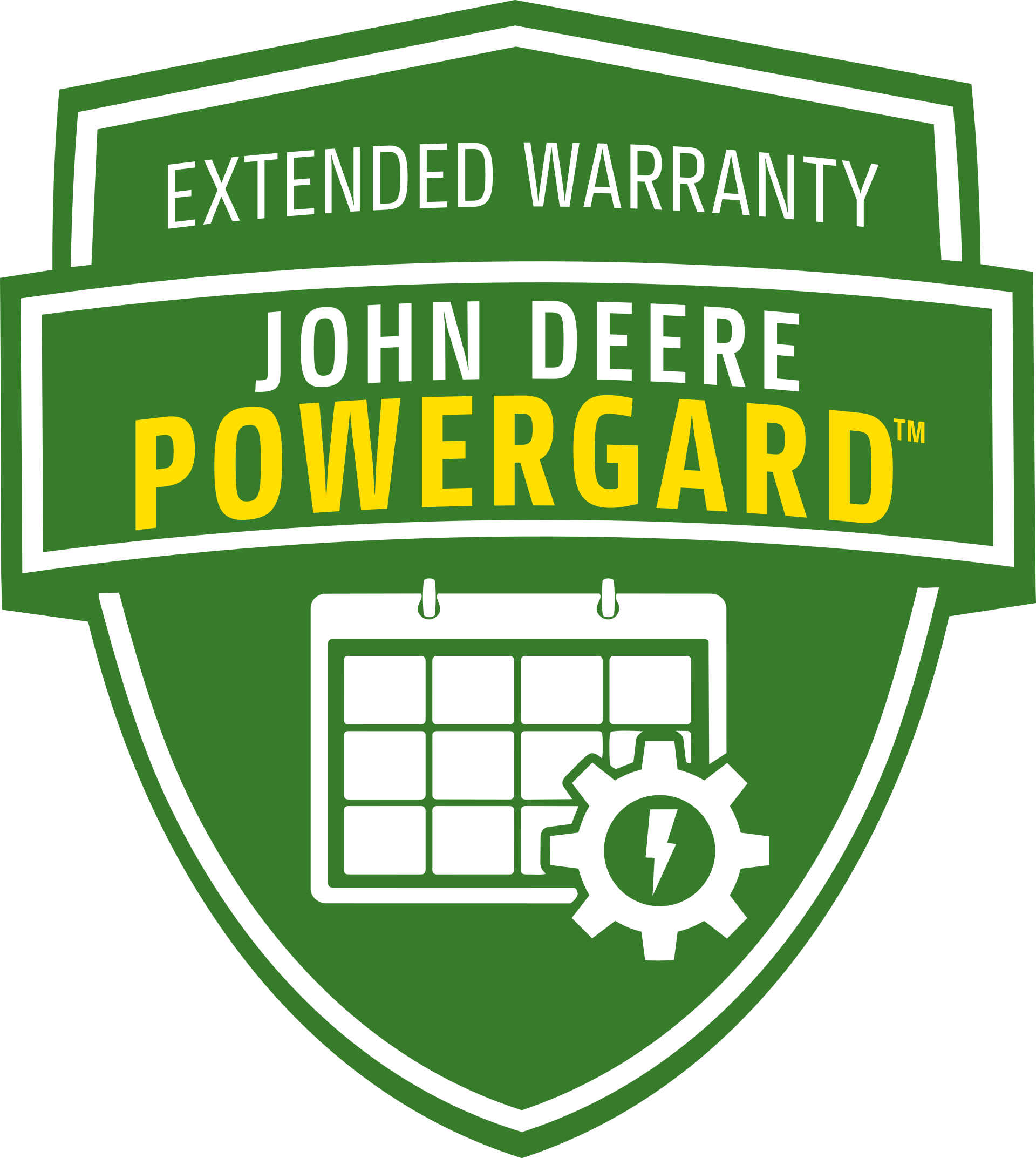 John Deere PowerGard extended warranty logo featuring a green shield and maintenance calendar icon.