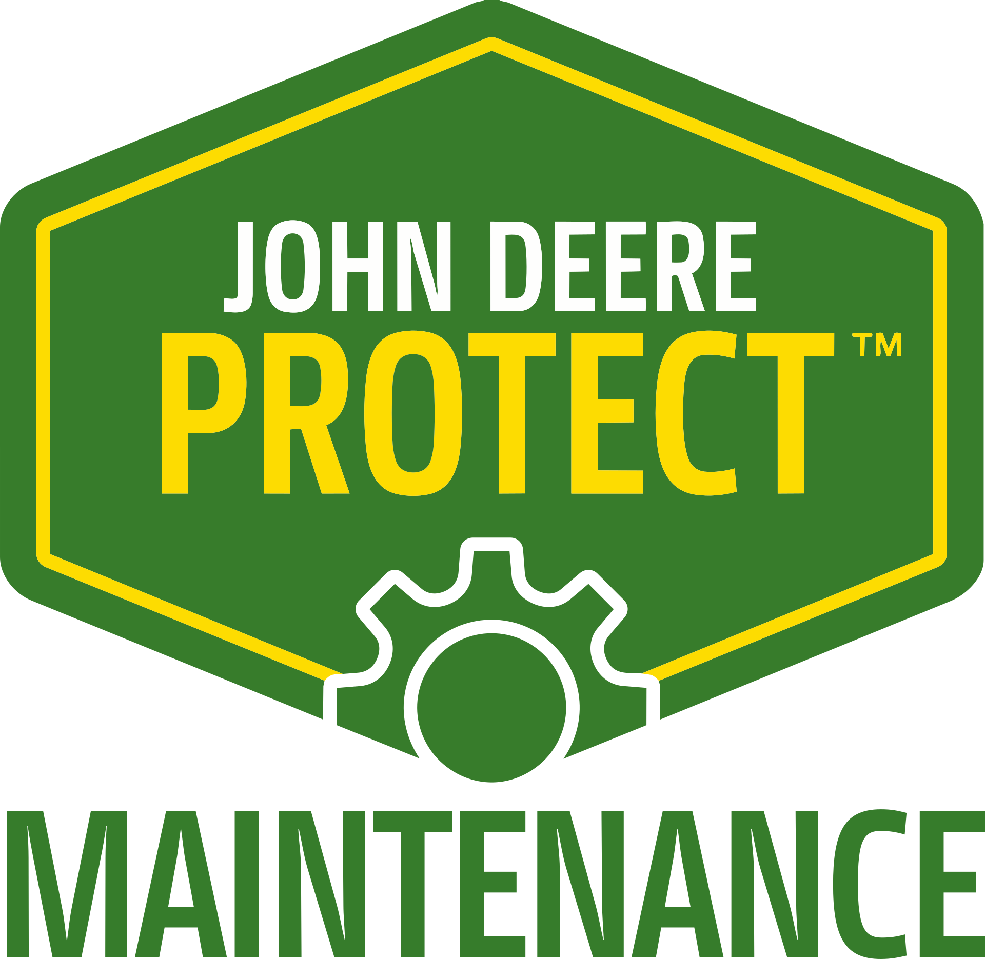 John Deere Protect Maintenance logo featuring a green shield and maintenance symbol.