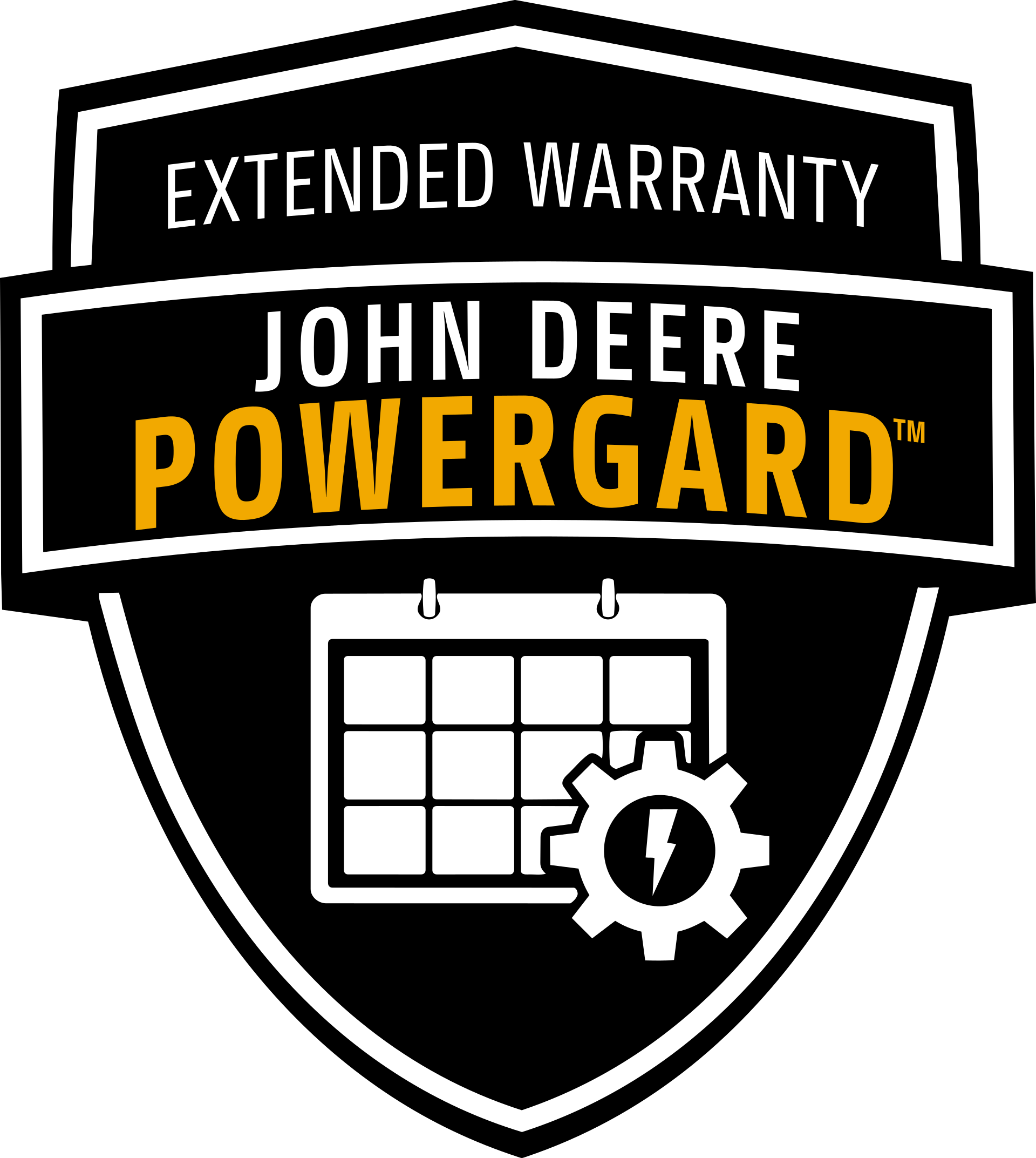 John Deere PowerGard extended warranty logo featuring a black shield and maintenance calendar icon