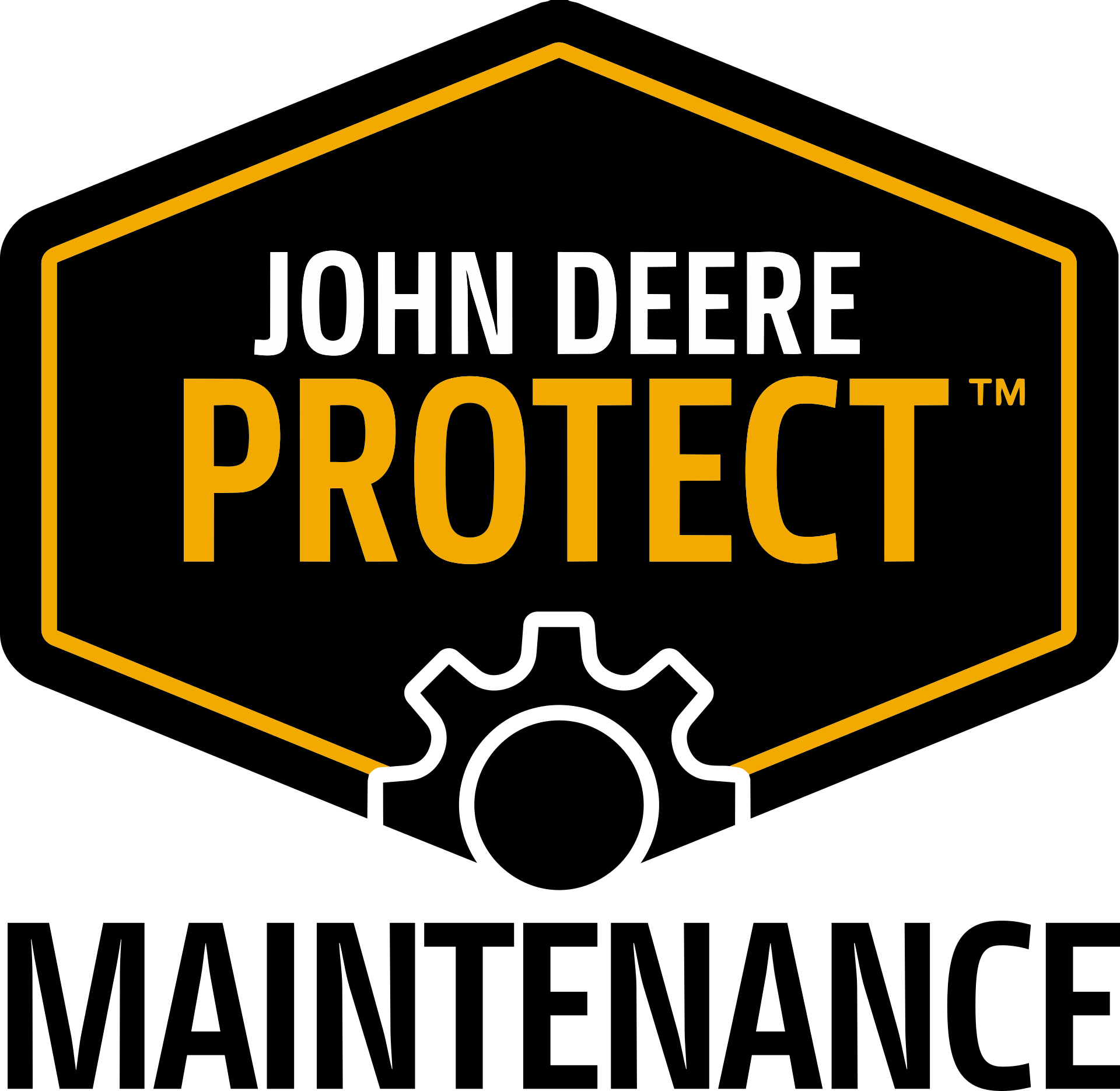 John Deere Protect Maintenance logo featuring a black shield and maintenance symbol.