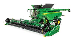 John Deere combine harvester with grain header attachment displayed on a white background.