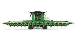 Front view of a John Deere grain header attachment with multiple cutting rows displayed on a white background.