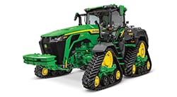 John Deere 8 Series row crop tractor with front tires and rear tracks displayed on a white background.