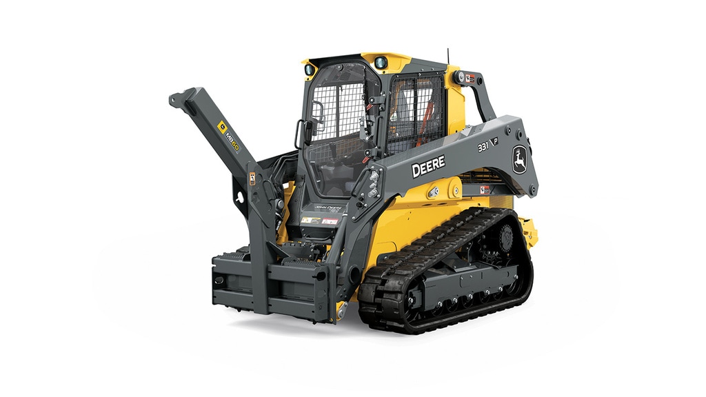 John Deere compact track loader equipped with an MB60 material boom attachment on a white background
