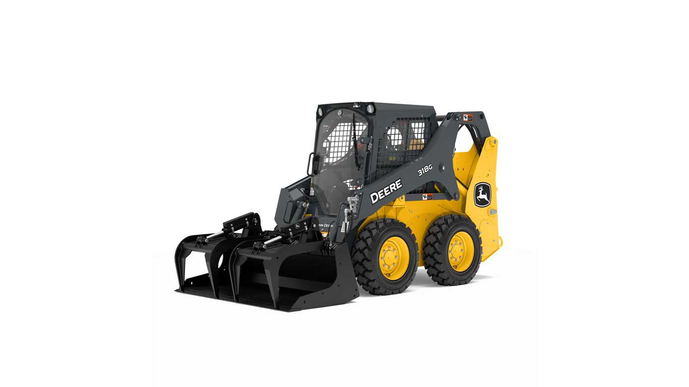 studio rendering of a gs72b scrap grapple attachment on a 318g skid steer on a white background