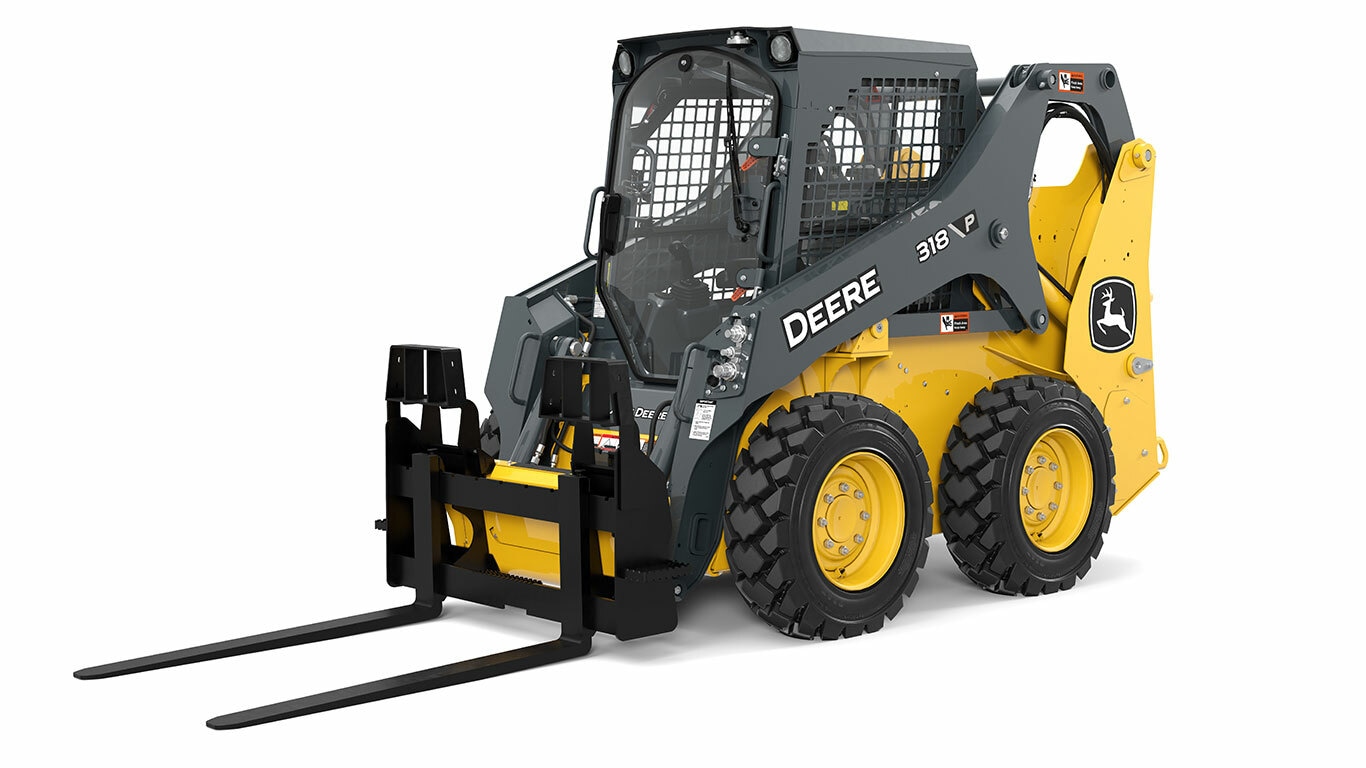 A 318P Compact Track Loader with P45 Pallet Fork Compact Equipment Attachment.