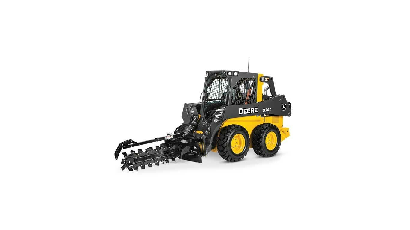 324G Skid Steer with trencher attachment on white background