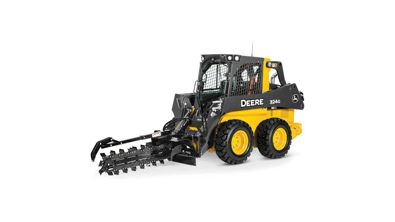 324G Skid Steer with TR48 Trencher attachment on white background