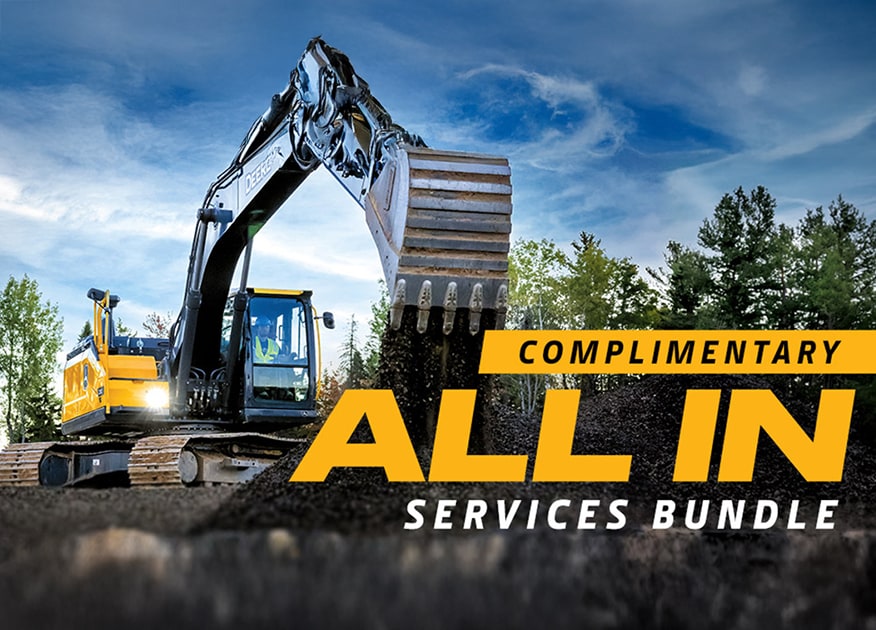 image of a new generation John Deere Excavator with descriptive words on the complimentary All In Services Bundle. image of a new generation John Deere Excavator with descriptive words on the complimentary All In Services Bundle.