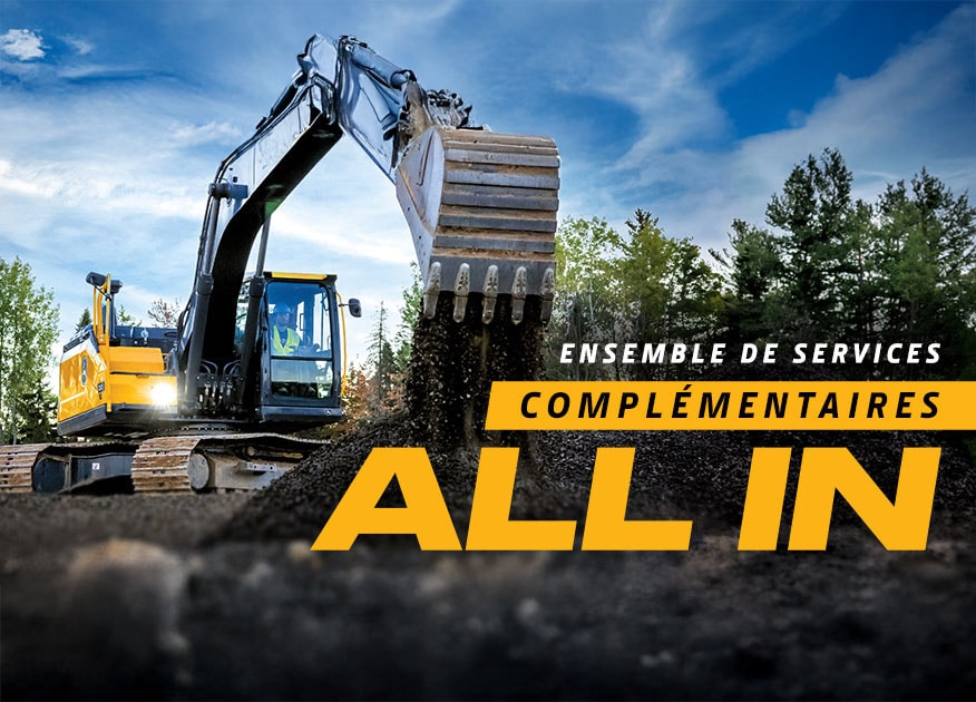 image d’une excavatrice John Deere de nouvelle génération accompagnée d’une description de l’offre groupée « All In Services » incluse gratuitement. image d’une excavatrice John Deere de nouvelle génération accompagnée d’une description de l’offre groupée « All In Services » incluse gratuitement.