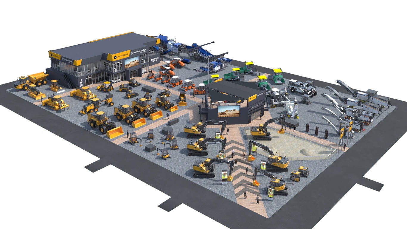 Large graphic displaying the John Deere and Wirtgen Group joint booth for CONEXPO-CON/AGG 2026. Large graphic displaying the John Deere and Wirtgen Group joint booth for CONEXPO-CON/AGG 2026.