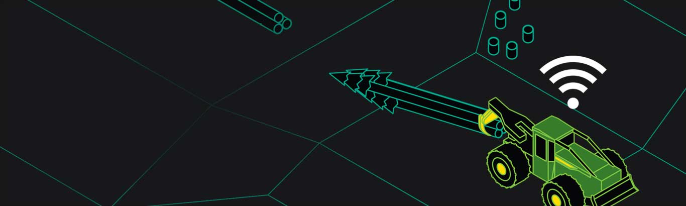 Line art of a skidder hauling trees in a forest with lines showing the machine's connectivity to the cloud