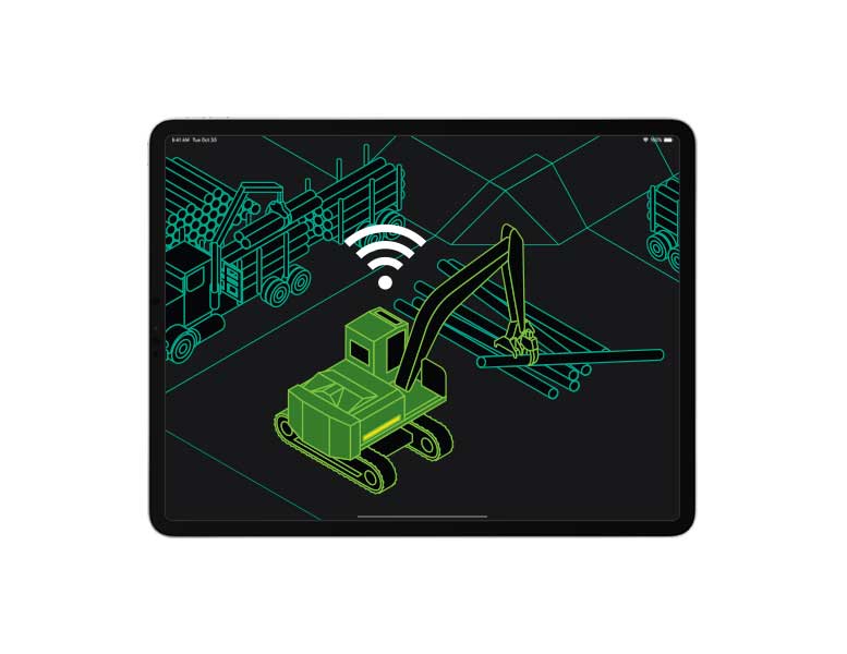 Tablette avec dessin en ligne d'une machine forestière à déplacer des billes