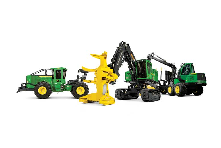 Forestry skidder, tracked feller buncher and forwarder lined up on white background