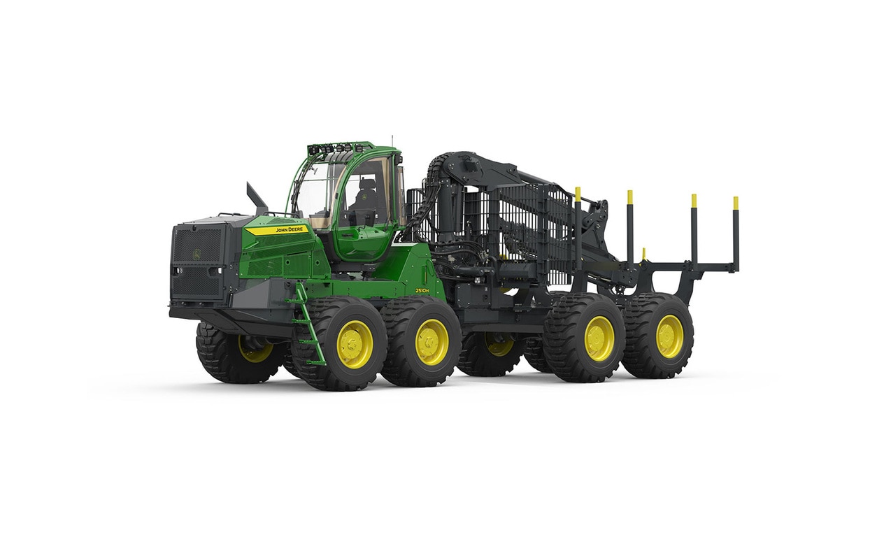 Front-left view of John Deere Forwarder 2510H on a white background