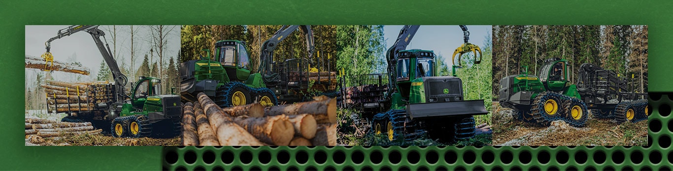 Image en collage de d&eacute;bardeurs John Deere travaillant dans les bois.