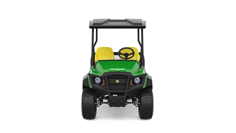 A green Gator with two yellow seats and large cargo box facing forward on a white background.
