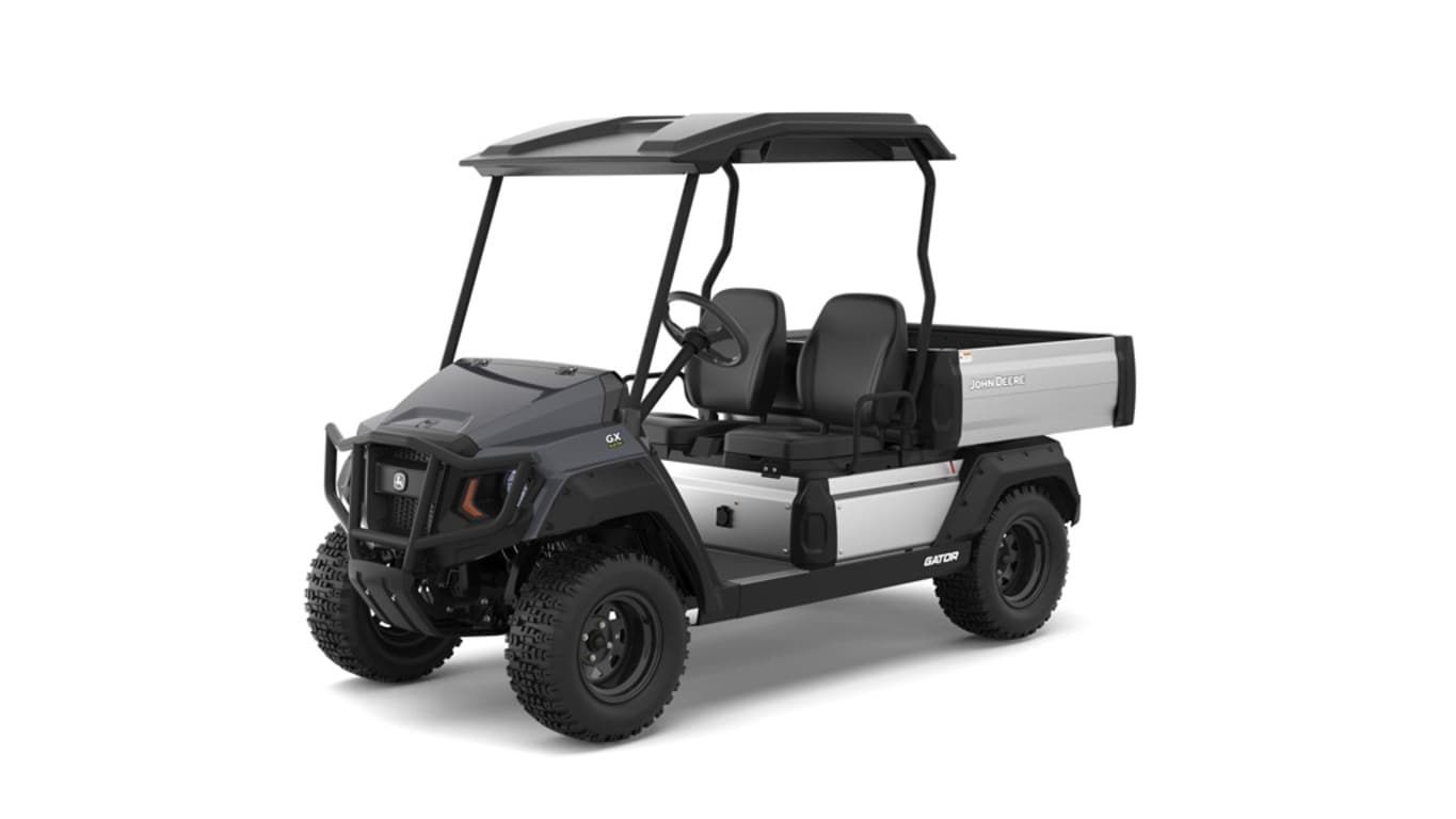 A gray Gator with two seats and large cargo box facing front-left on a white background.
