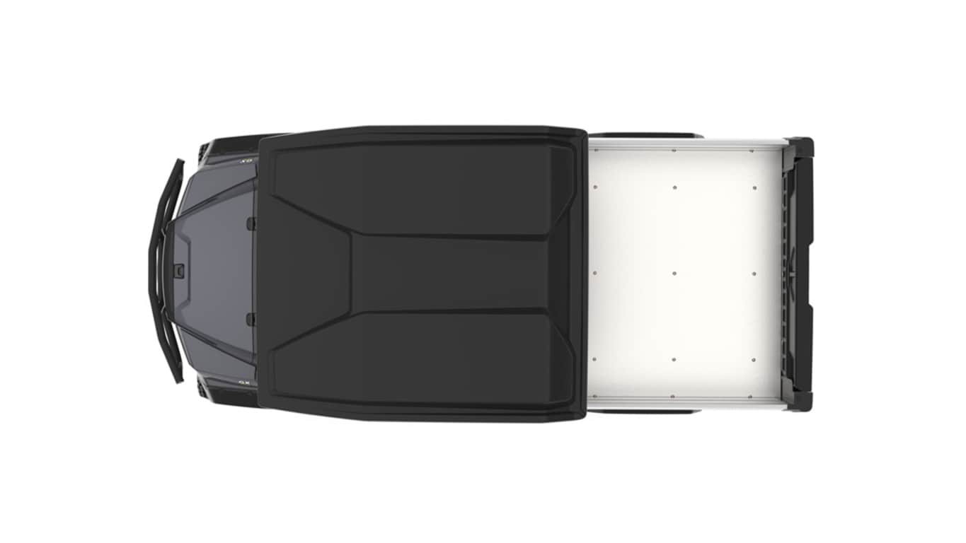 A gray Gator with two seats and large cargo box facing top-down on a white background.