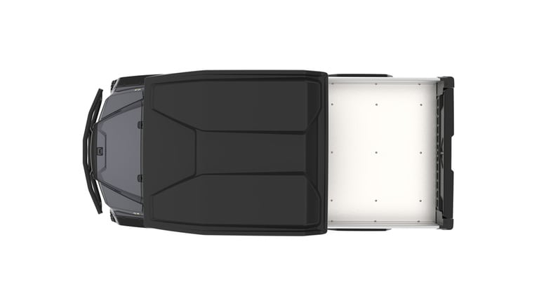 A gray Gator with two seats and large cargo box facing top-down on a white background.