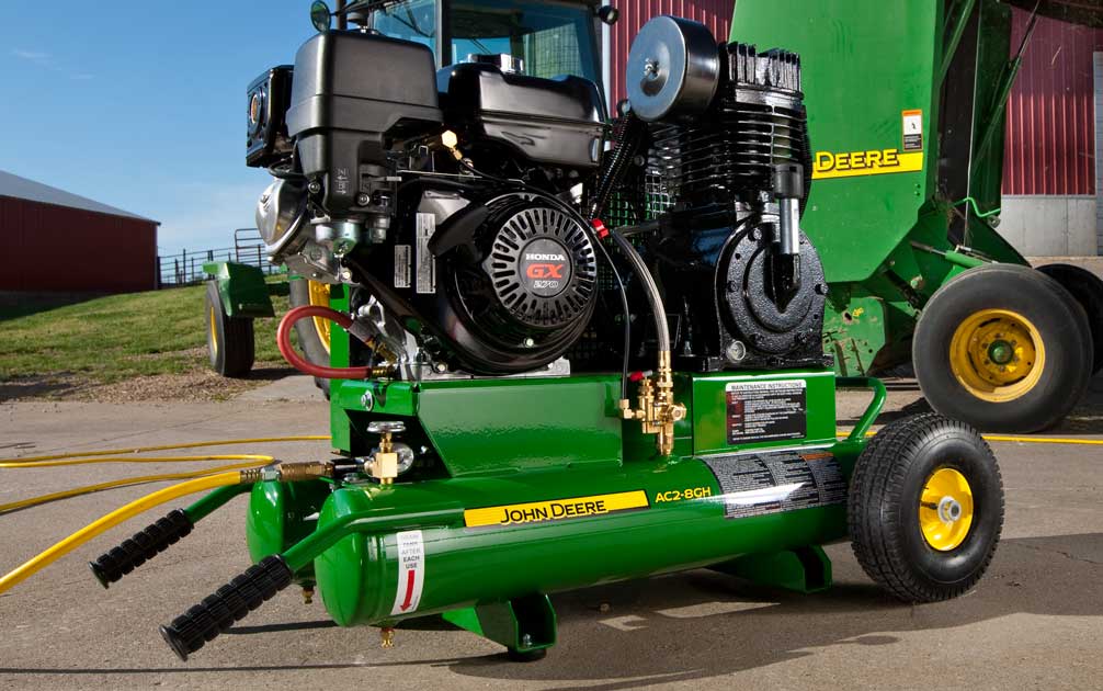 Close up image of a John Deere air compressor