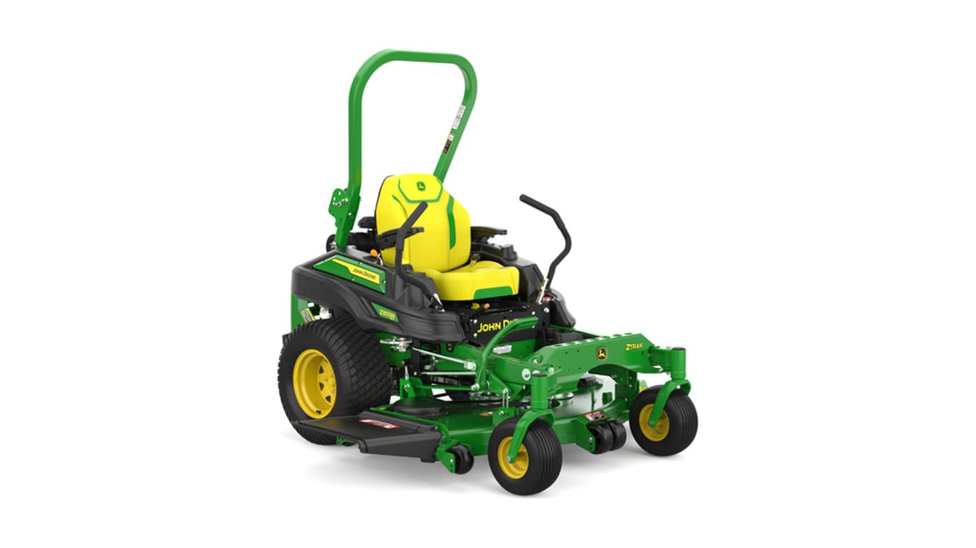 Front-right view of a green mower with yellow accents