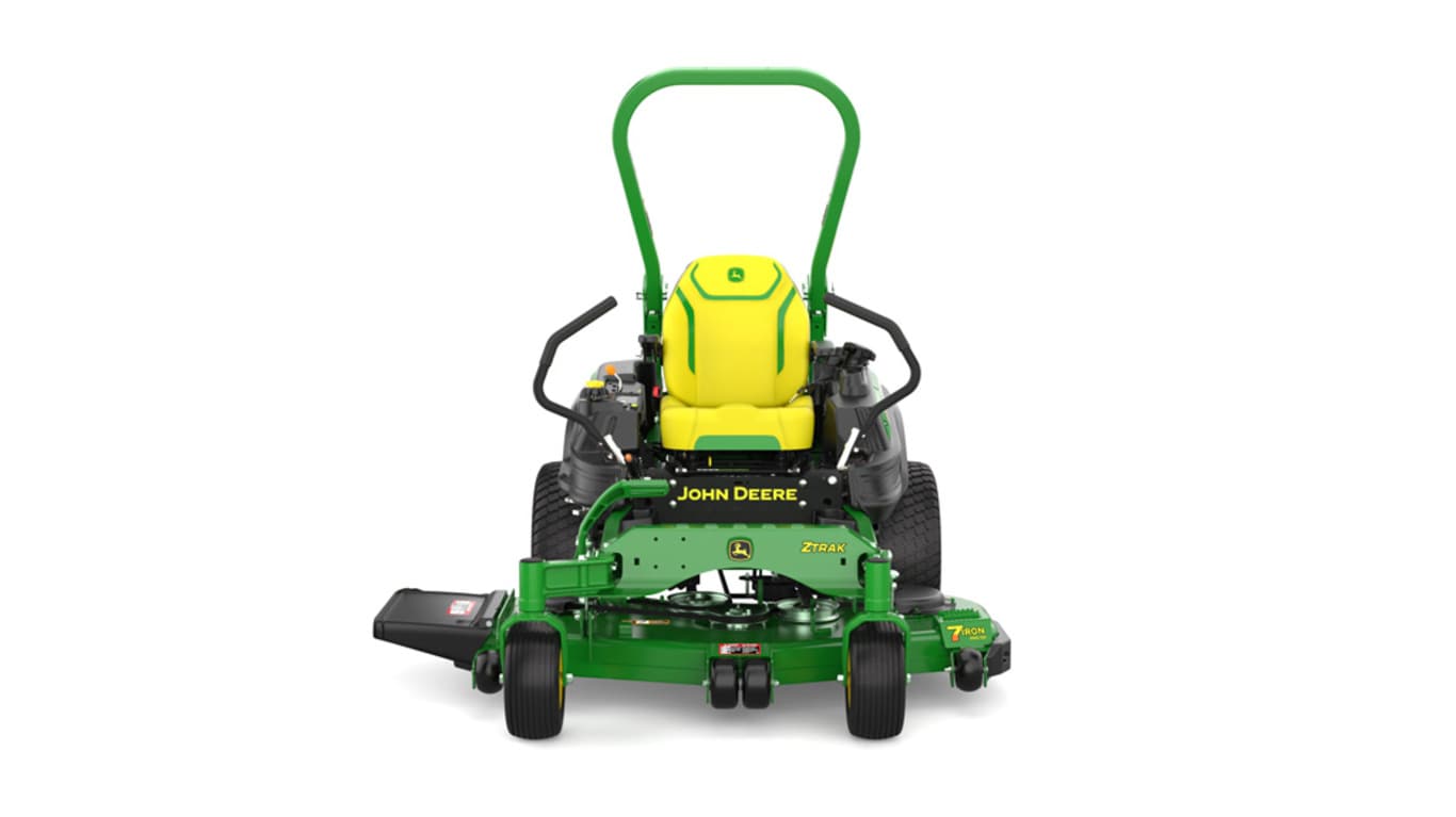 Front view of a green mower with yellow accents