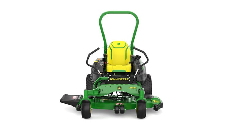 Front view of a green mower with yellow accents