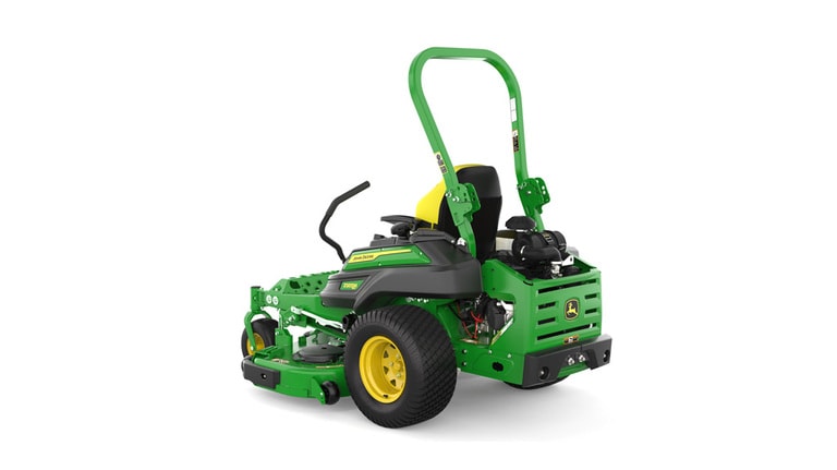 Rear-left view of a green mower with yellow accents