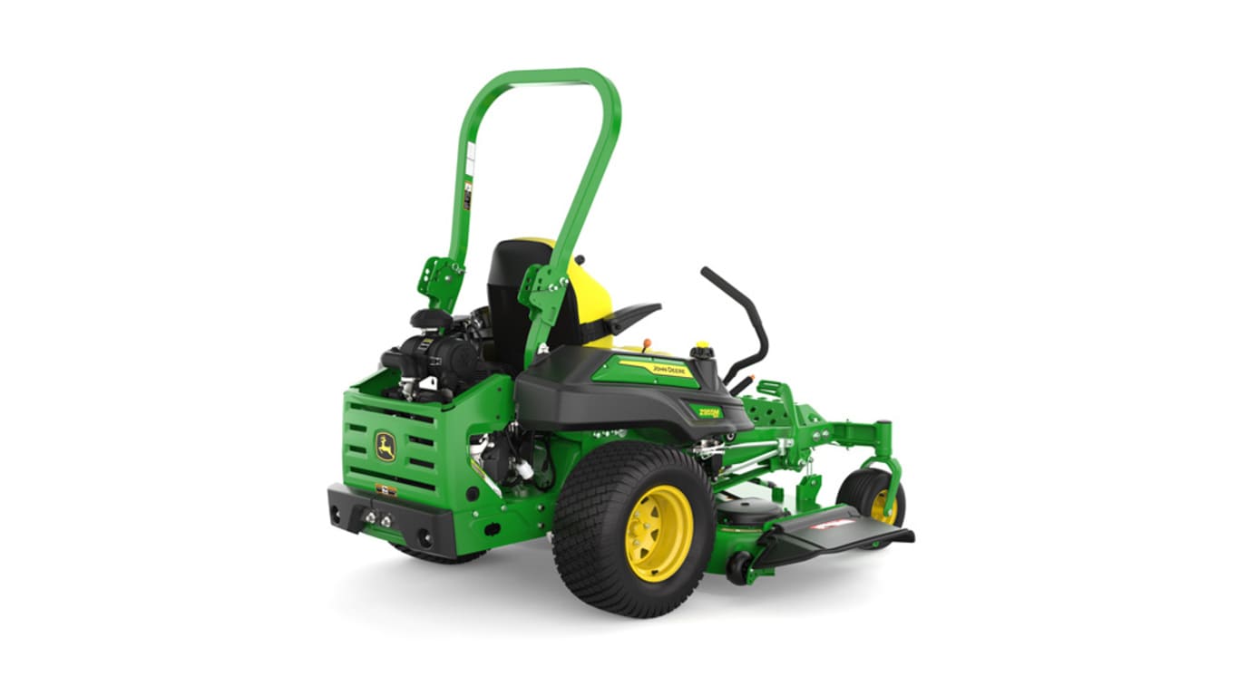 Rear-right view of a green mower with yellow accents