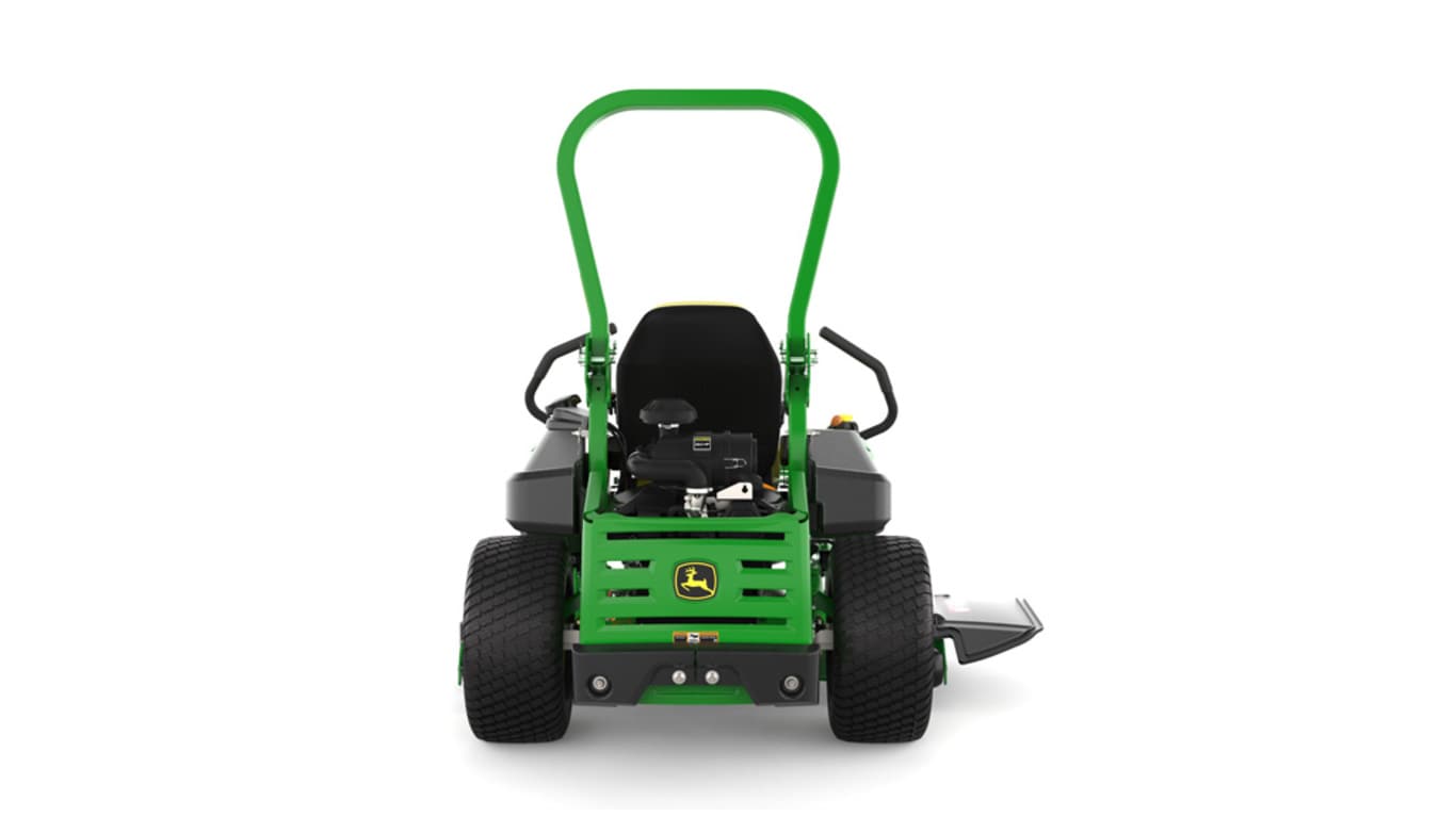 Rear view of a green mower with yellow accents