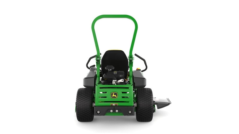 Rear view of a green mower with yellow accents