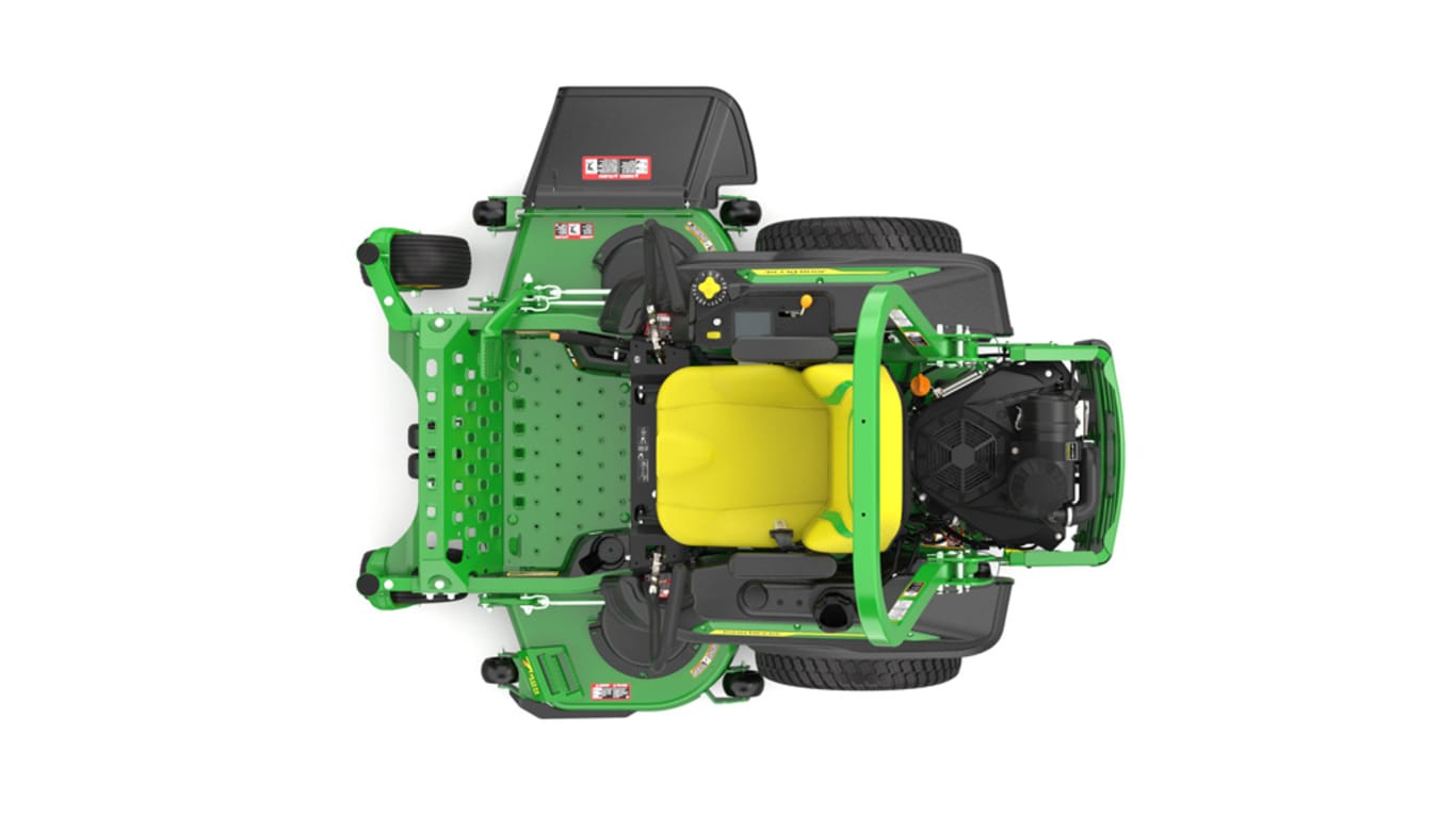 Top view of a green mower with yellow accents