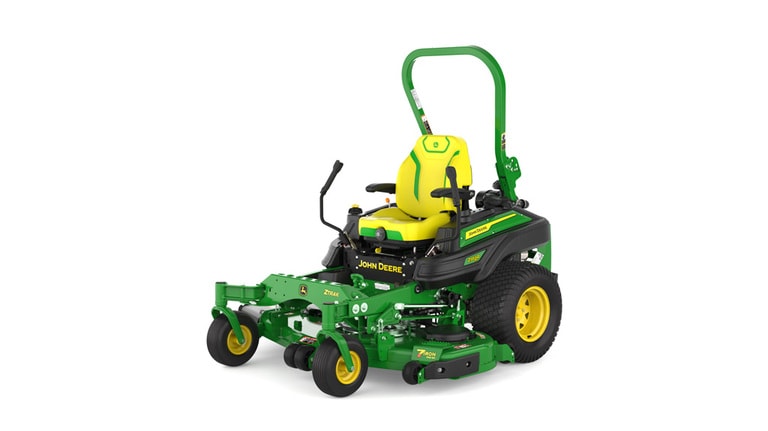 Front-left view of a green and yellow riding mower with roll bar, large rear wheels, and various controls