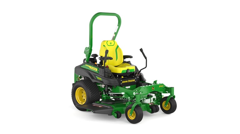 Front-right view of a green and yellow riding mower with roll bar, large rear wheels, and various controls