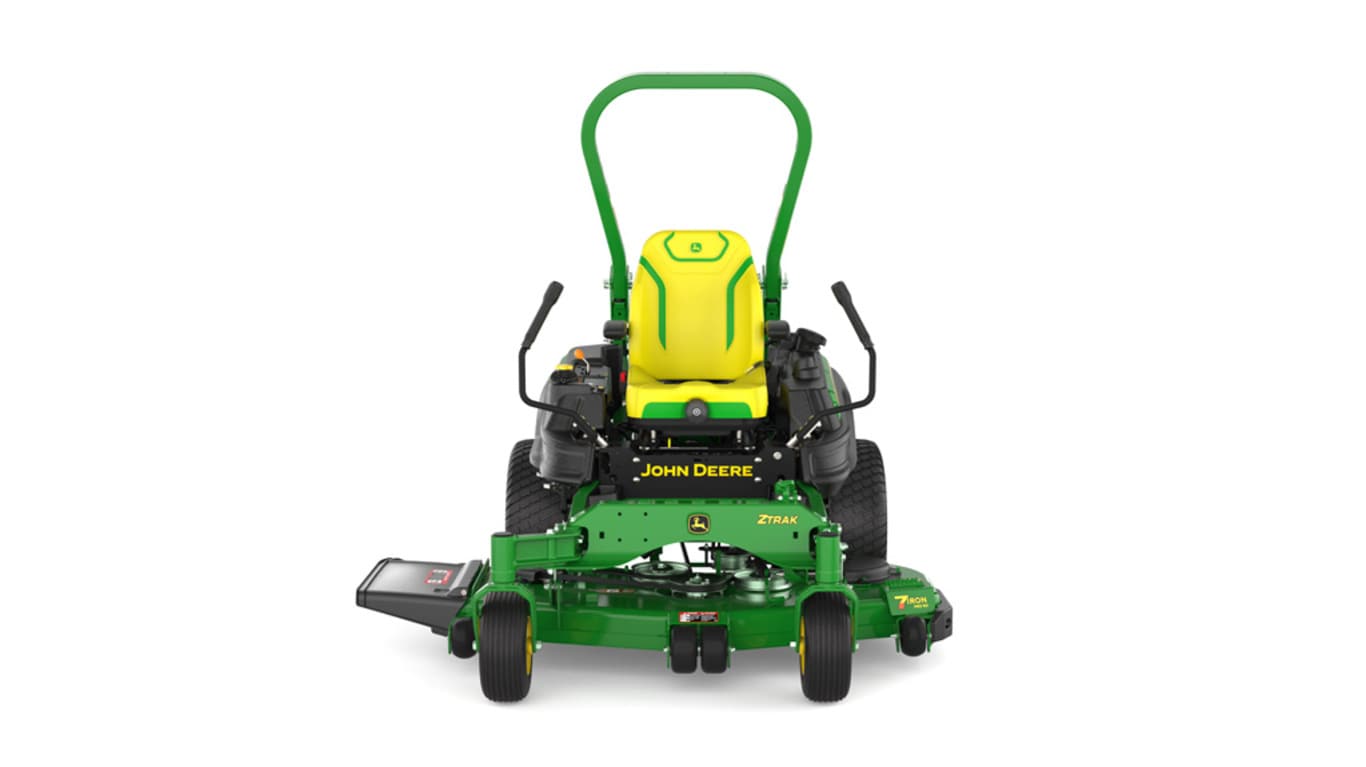 Front view of a green and yellow riding mower with roll bar, large rear wheels, and various controls