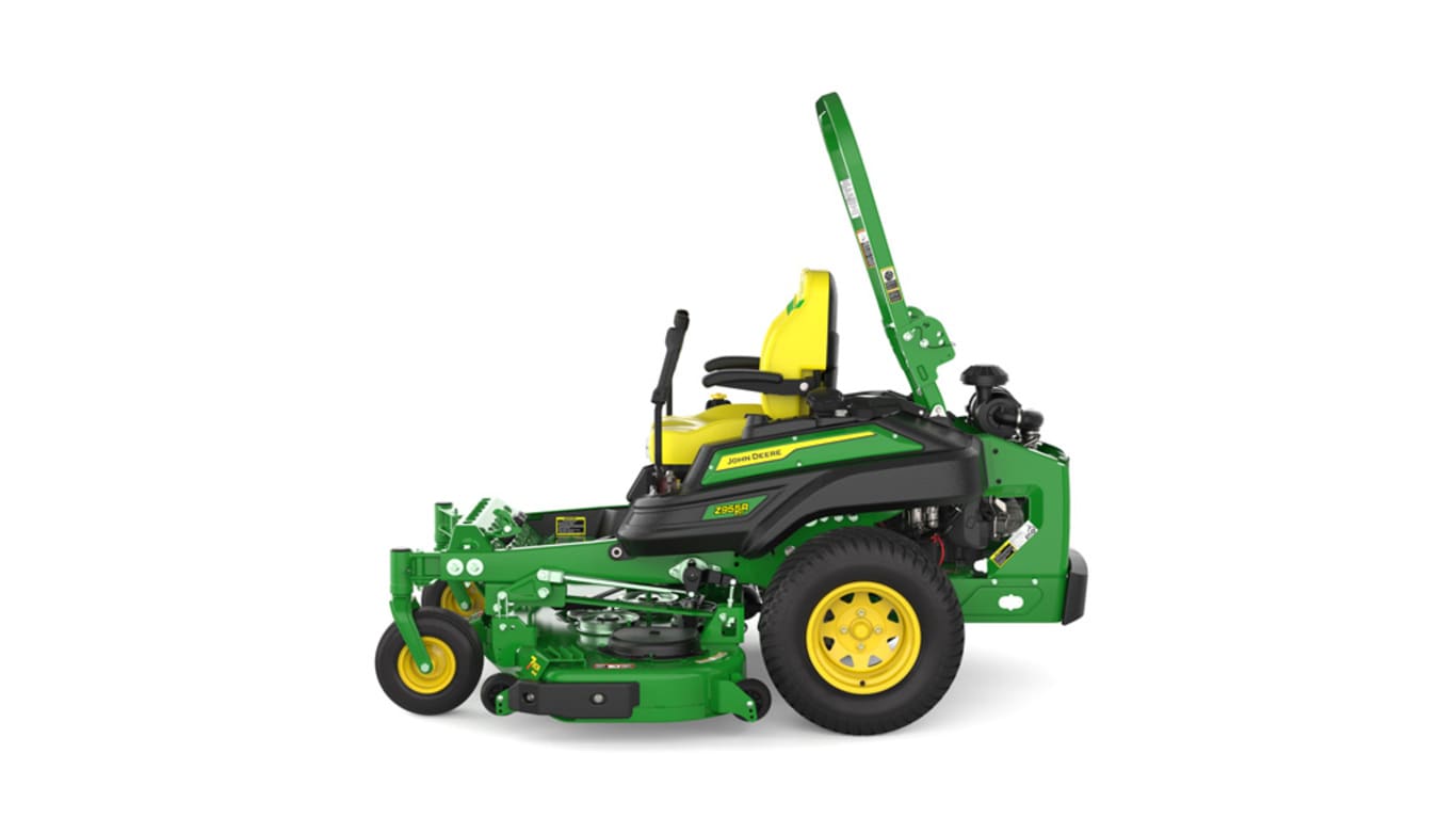 Left-side view of a green and yellow riding mower with roll bar, large rear wheels, and various controls