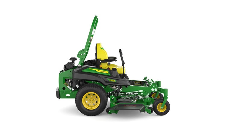 Right-side view of a green and yellow riding mower with roll bar, large rear wheels, and various controls